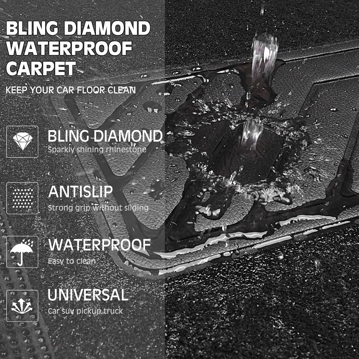 CAR PASS Bling Diamond Car Floor Mats, Sparkling Crystal Shining Glitter Rhinestone Carpet, Anti-Slip PVC Heel Pad Waterproof Universal for Automotive SUV,Sedan,Van,4pcs Girl Women Men Black Diamond