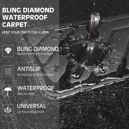 CAR PASS Bling Diamond Car Floor Mats, Sparkling Crystal Shining Glitter Rhinestone Carpet, Anti-Slip PVC Heel Pad Waterproof Universal for Automotive SUV,Sedan,Van,4pcs Girl Women Men Black Diamond