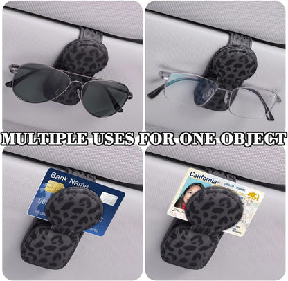 Dual Clip Car Sunglasses Holder, Applicable to Most Eyeglasses, Magnetic Leather Sun Glasses Mount Clip on Visors, Holds 2 Pairs of Glasses, Car Interior Visor Accessories (Leopard-Black)