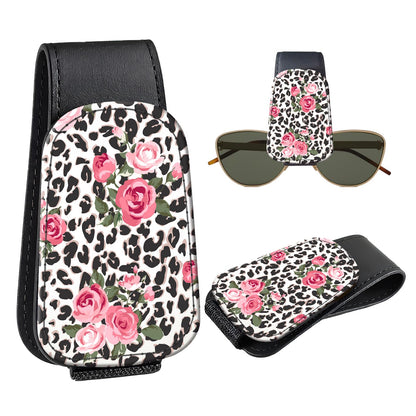 Leather Magnetic Sunglass Holder for Car Sun Visor, Cute Eyeglass Ticket Card Hanger Clip, Universal Auto Interior Accessories for SUV Pickup Truck, Cherry Pattern