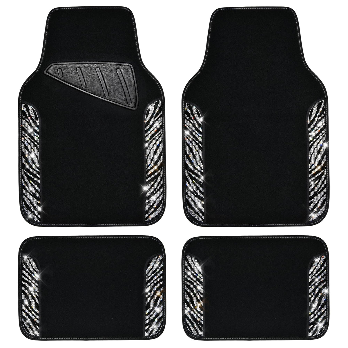 CAR PASS Bling Diamond Car Floor Mats, Sparkling Crystal Shining Glitter Rhinestone Carpet, Anti-Slip PVC Heel Pad Waterproof Universal for Automotive SUV,Sedan,Van,4pcs Girl Women Men Black Diamond