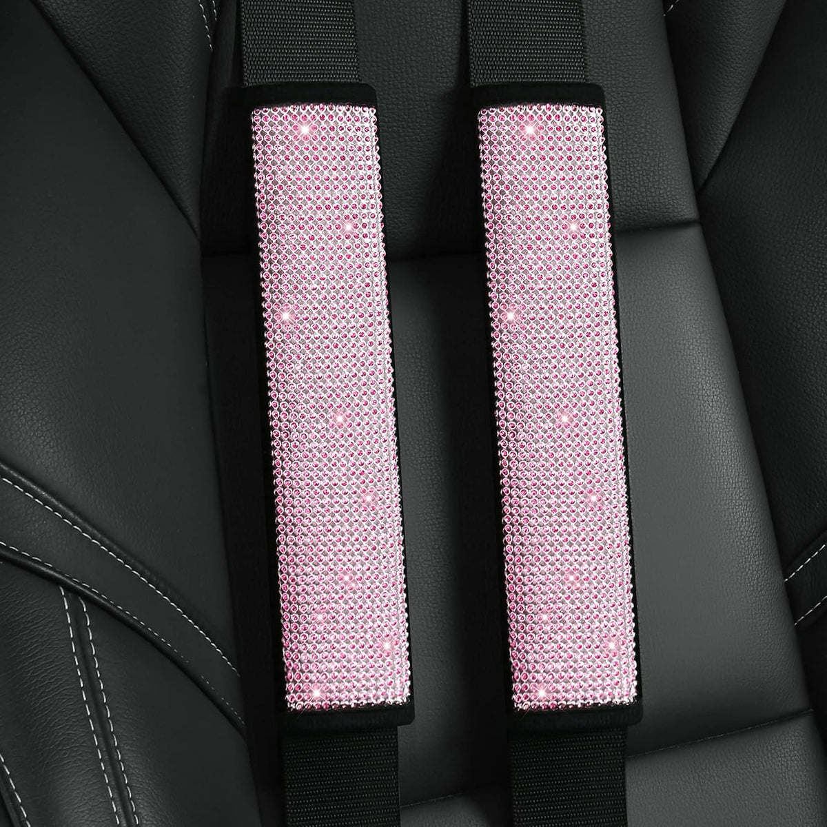 HighnessHwoo Bling Car Seatbelt Covers for Women Girls, Rhinestone Crystal Velvet Seat Belt Cushion Pad Cover Protector, Diamond Shine Safety Shoulder Pad, Car Interior Accessories, 2pcs, Pink, 25cm