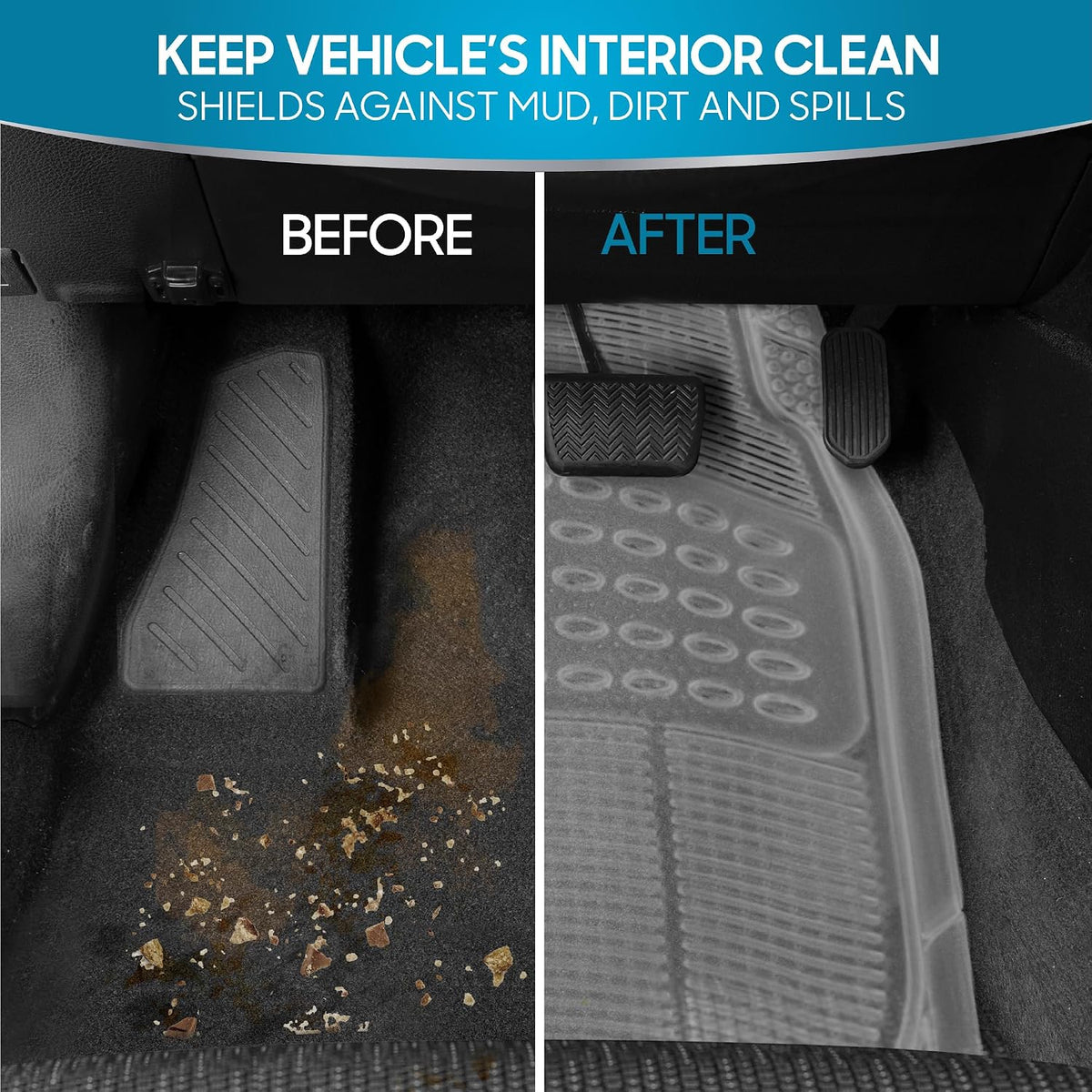 BDK 4-Piece Rubber Transparent Clear Floor Mats Heavy Duty for Front & Rear Car Truck Van SUV, All Weather Protection, Universal Fit
