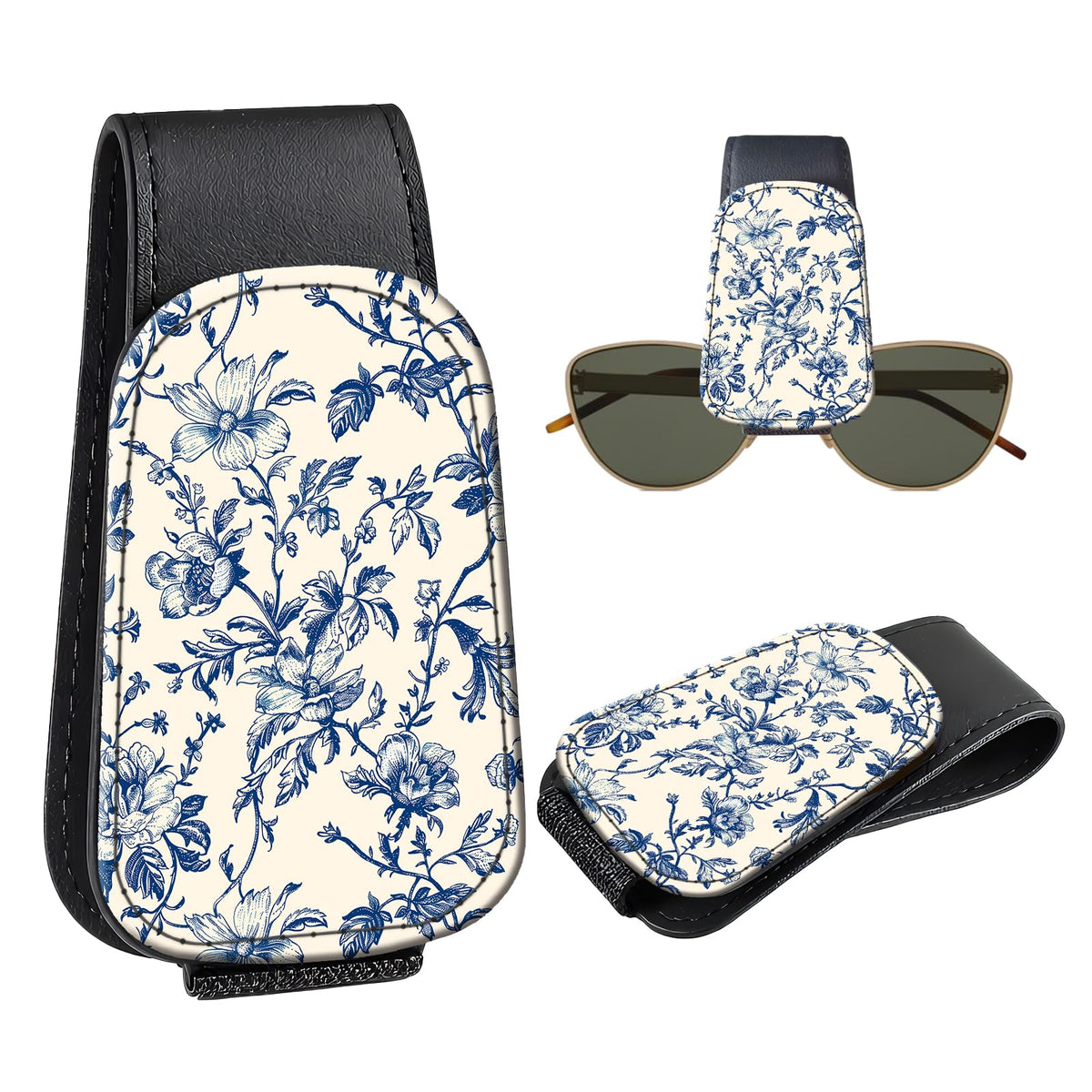 Leather Magnetic Sunglass Holder for Car Sun Visor, Cute Eyeglass Ticket Card Hanger Clip, Universal Auto Interior Accessories for SUV Pickup Truck, Beige Flower