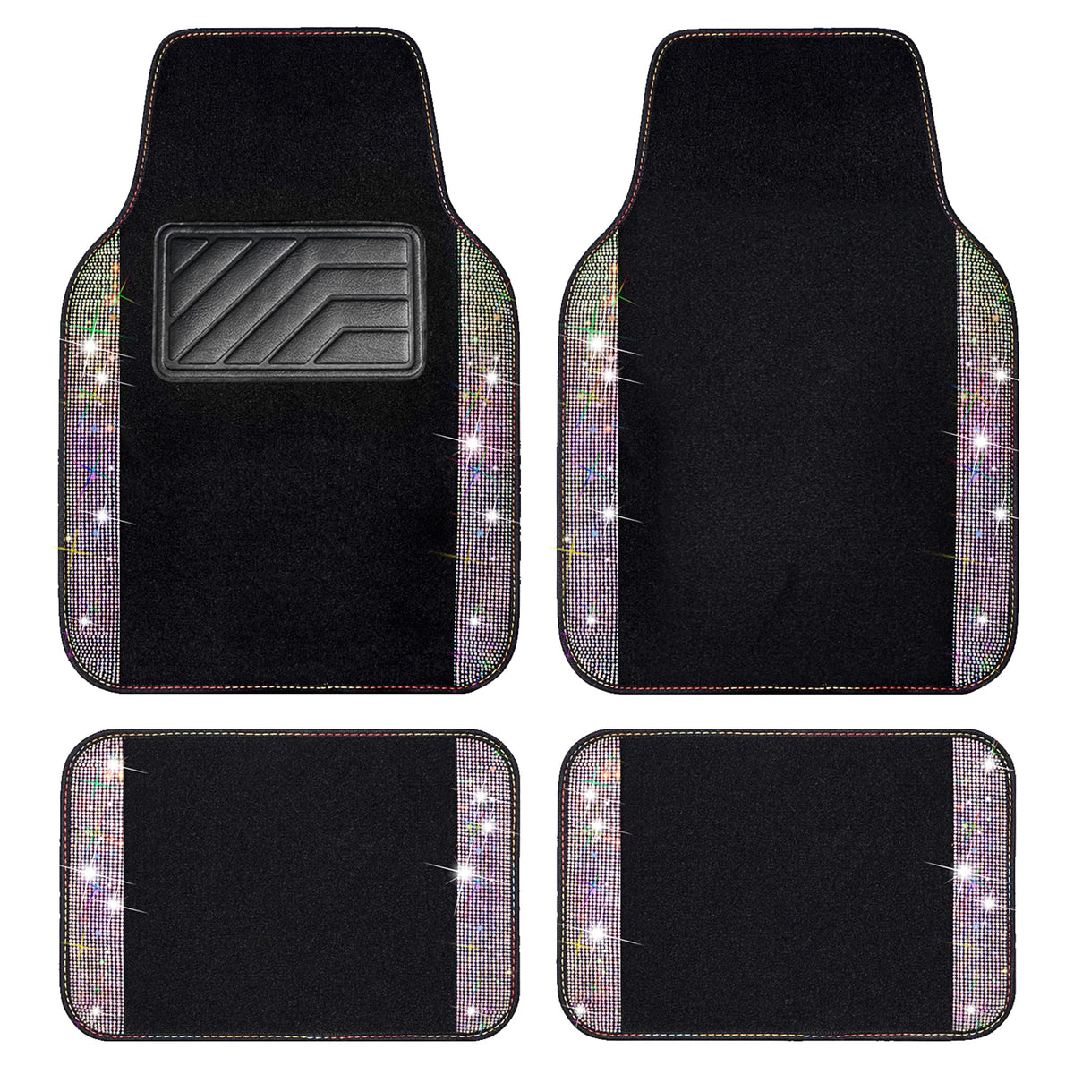 CAR PASS Bling Diamond Car Floor Mats, Sparkling Crystal Shining Glitter Rhinestone Carpet, Anti-Slip PVC Heel Pad Waterproof Universal for Automotive SUV,Sedan,Van,4pcs Girl Women Men Black Diamond