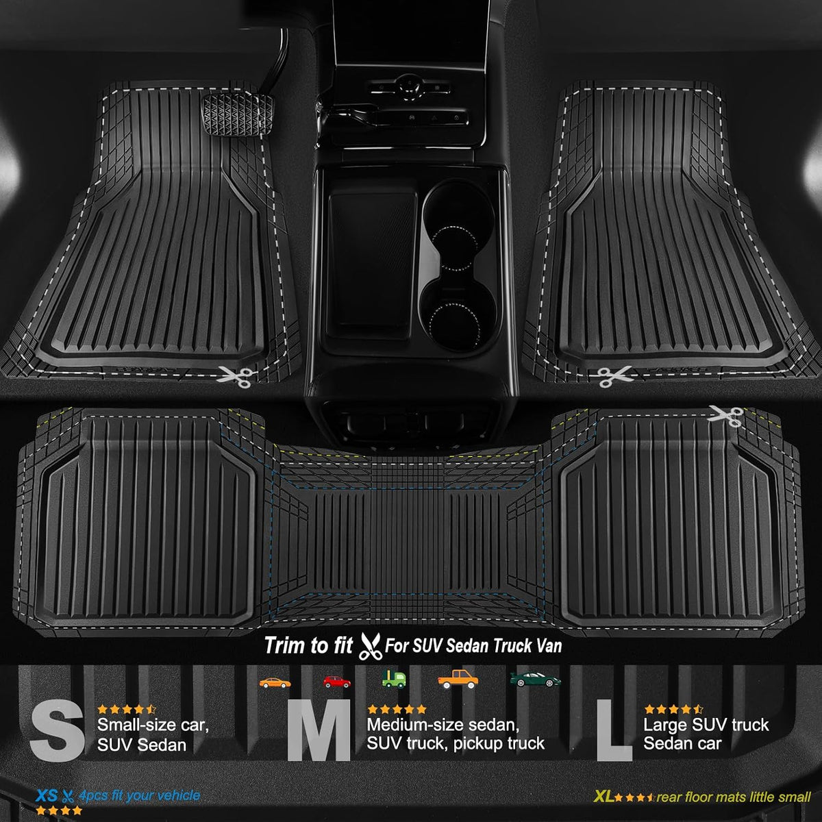 CAR PASS Heavy Duty Rubber Floor Mats for Car, Waterproof All Weather Car Floor Mats, Universal Trim-to-Fit for SUV Truck Sedans Vans, Automotive Floor Mats 3 piece car mats Full Set, Solid Black