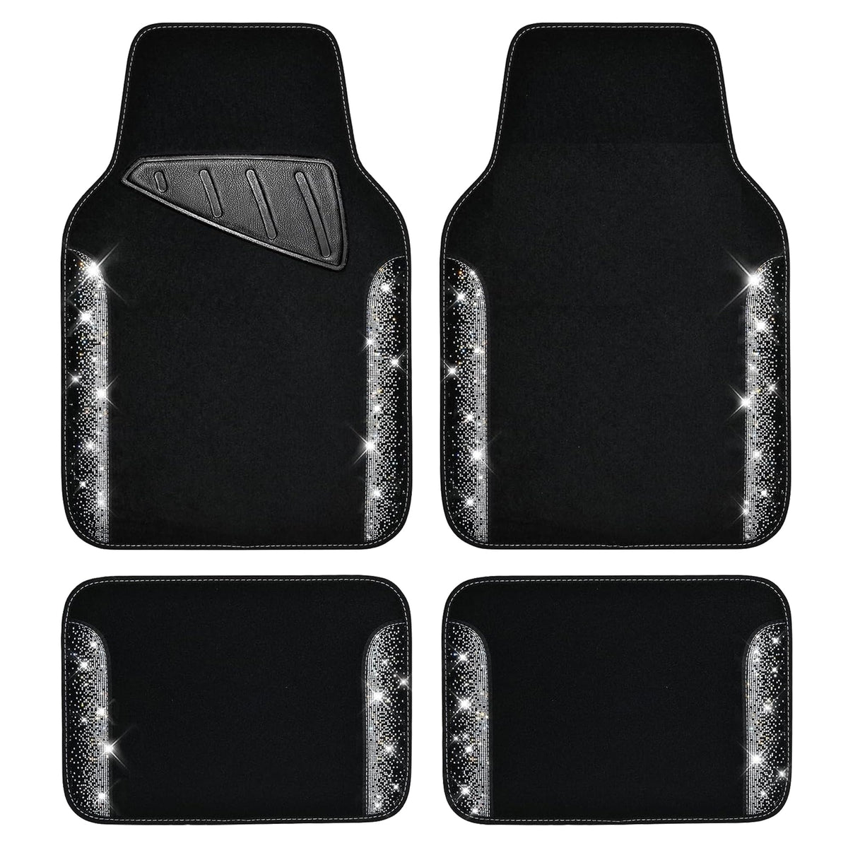 CAR PASS Bling Diamond Car Floor Mats, Sparkling Crystal Shining Glitter Rhinestone Carpet, Anti-Slip PVC Heel Pad Waterproof Universal for Automotive SUV,Sedan,Van,4pcs Girl Women Men Black Diamond