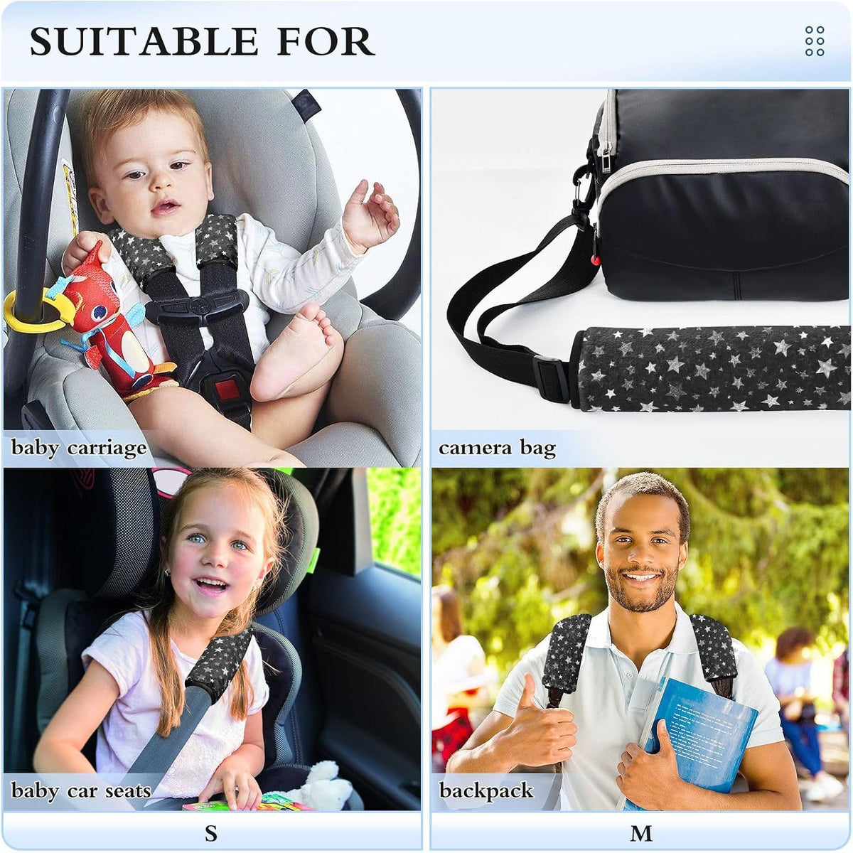 2 Pack Sparkly Silver Stars Seatbelt Covers Seat Belt Cover Pad for Adults Boys Girls Car Seat Strap Covers Pads Cushion Universal Shoulder Strap Pad Protector for Backpack Camera Bag 10x7.7Inch