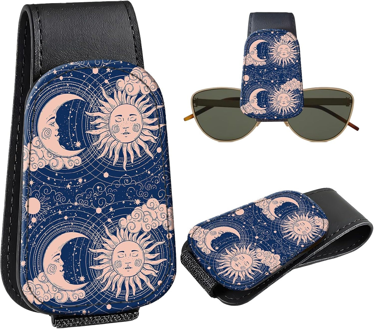 Leather Magnetic Sunglass Holder for Car Sun Visor, Cute Eyeglass Ticket Card Hanger Clip, Universal Auto Interior Accessories for SUV Pickup Truck, Sun Moon