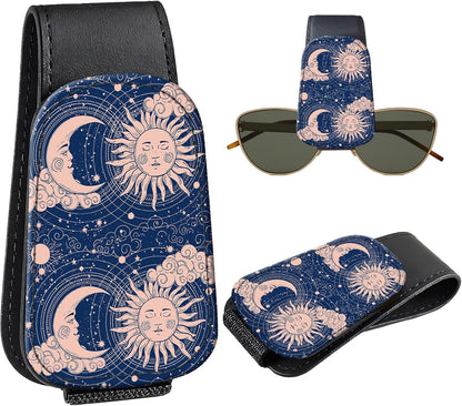 Leather Magnetic Sunglass Holder for Car Sun Visor, Cute Eyeglass Ticket Card Hanger Clip, Universal Auto Interior Accessories for SUV Pickup Truck, Sun Moon