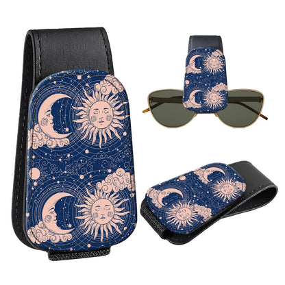 Leather Magnetic Sunglass Holder for Car Sun Visor, Cute Eyeglass Ticket Card Hanger Clip, Universal Auto Interior Accessories for SUV Pickup Truck, Sun Moon