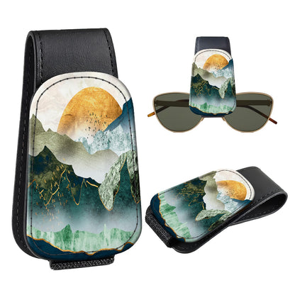 Leather Magnetic Sunglass Holder for Car Sun Visor, Cute Eyeglass Ticket Card Hanger Clip, Universal Auto Interior Accessories for SUV Pickup Truck, Sun Moon