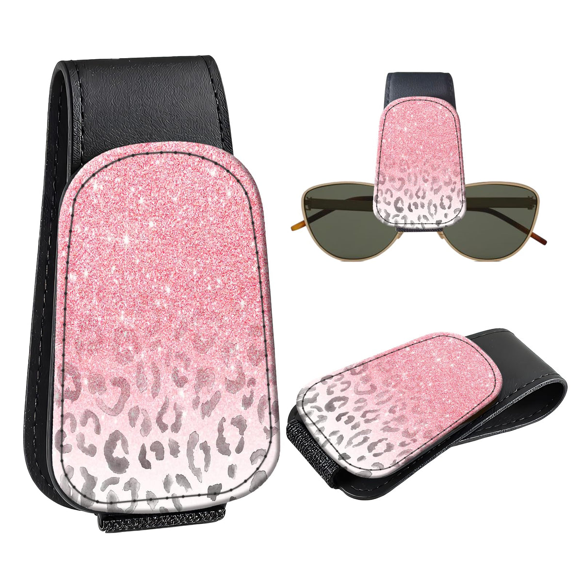Leather Magnetic Sunglass Holder for Car Sun Visor, Cute Eyeglass Ticket Card Hanger Clip, Universal Auto Interior Accessories for SUV Pickup Truck, Green Camo