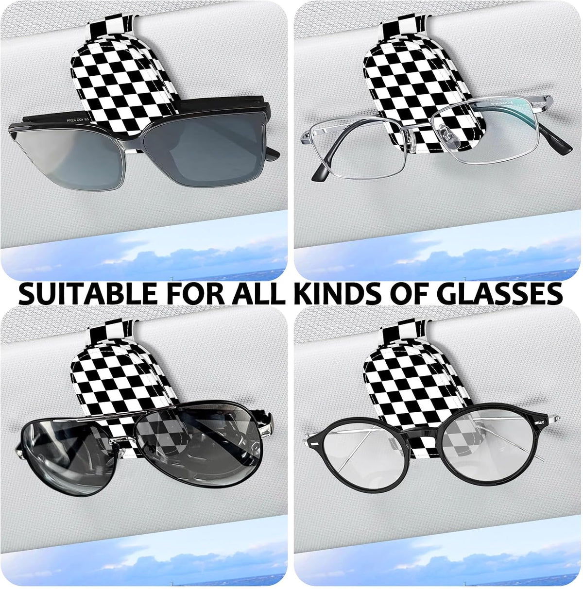 2 Pack Magnetic Leather Sunglass Holder, Universal Magnetic Car Eyeglass Hanger Clip for Different Size Eyeglasses, Car Visor Accessories (Black Plaid)