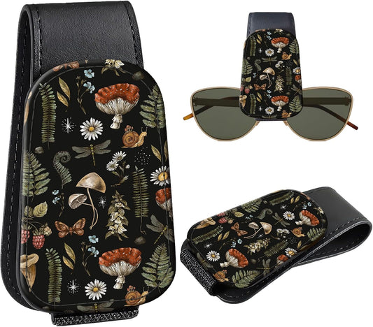 Leather Magnetic Sunglass Holder for Car Sun Visor, Cute Eyeglass Ticket Card Hanger Clip, Universal Auto Interior Accessories for SUV Pickup Truck, Dark Mushroom