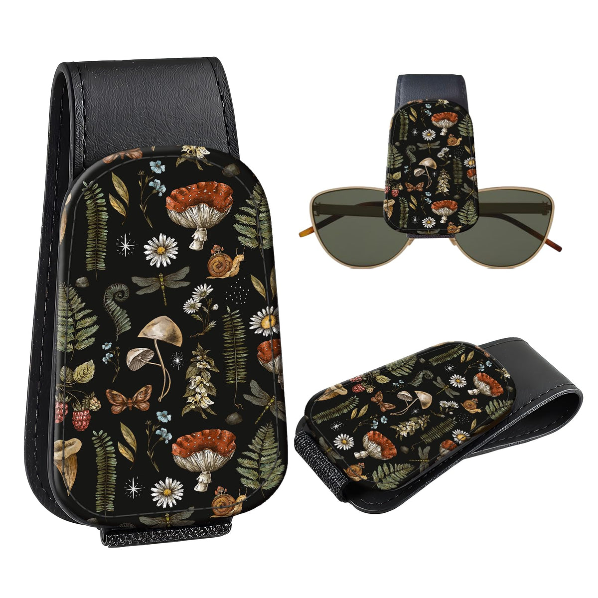 Leather Magnetic Sunglass Holder for Car Sun Visor, Cute Eyeglass Ticket Card Hanger Clip, Universal Auto Interior Accessories for SUV Pickup Truck, Dark Mushroom