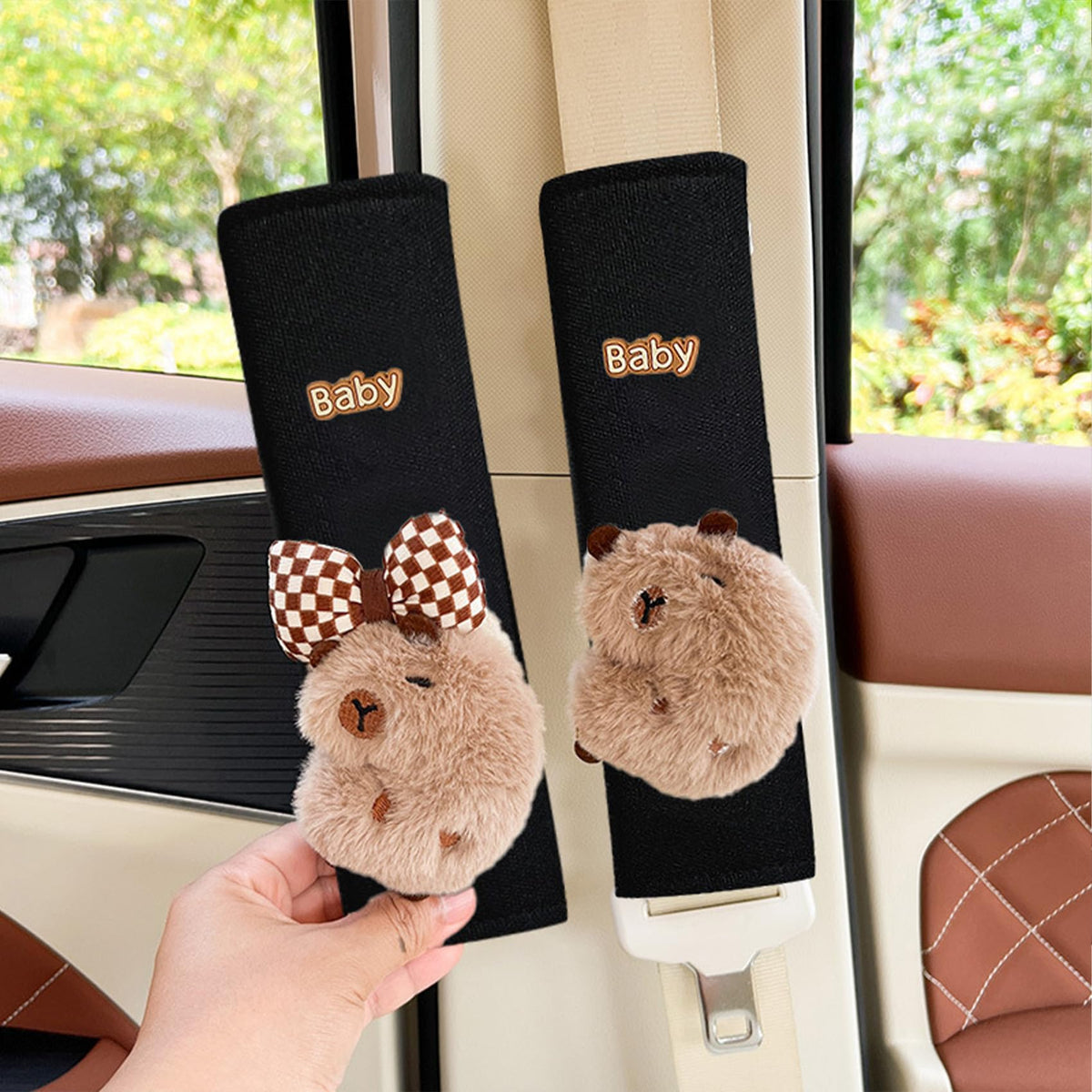 BoAn 2PCS Black Capybara Seat Belt Cover, Cute Soft Shoulder Pad for Adults
