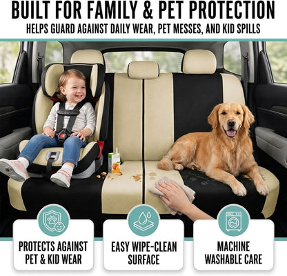 Automotive Seat Covers Beige Black Universal Fit Seat Cover Combo Set with Steering Wheel Cover and Seat Belt Pad (Airbag Compatible and Split Bench)