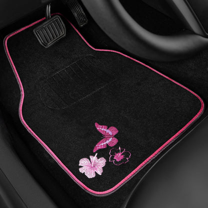 CAR PASS Embroidery Butterfly and Flower Car Floor Mats, Pink Car Floor Mats Universal Fit 95% Automotive,SUVS,Sedan,Vans,for Cute Women,Girly,Set of 4 (Black with Pink)