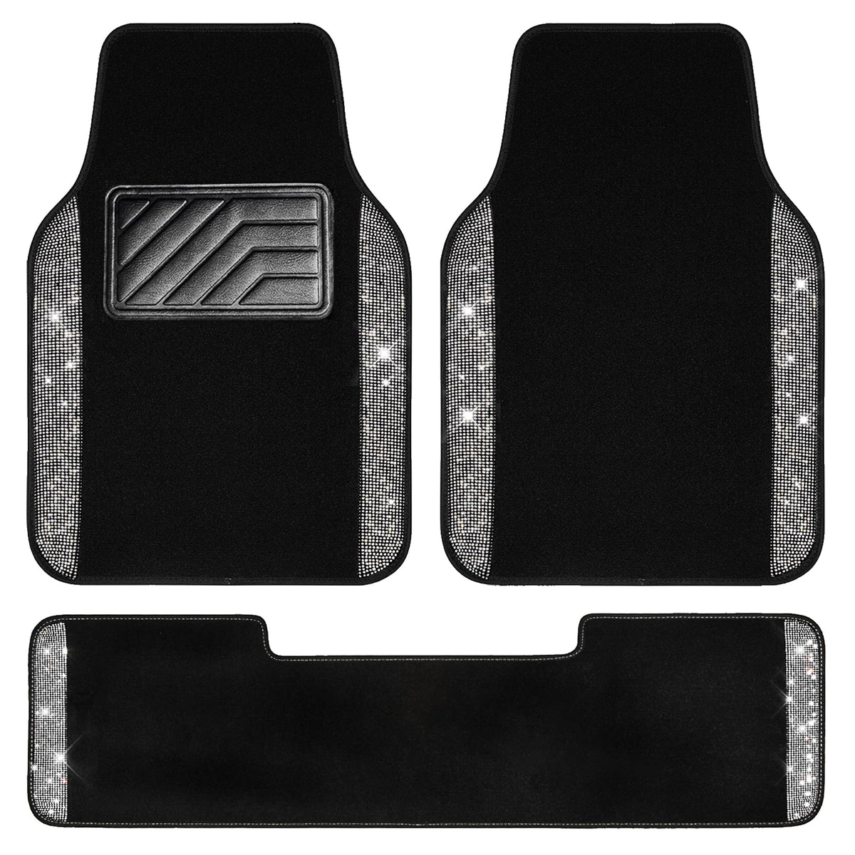 CAR PASS Bling Diamond Car Floor Mats, Sparkling Crystal Shining Glitter Rhinestone Carpet, Anti-Slip PVC Heel Pad Waterproof Universal for Automotive SUV,Sedan,Van,4pcs Girl Women Men Black Diamond