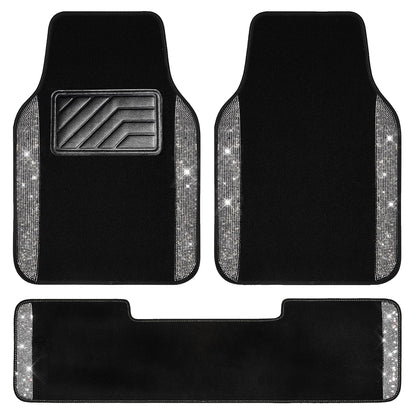 CAR PASS Bling Diamond Car Floor Mats, Sparkling Crystal Shining Glitter Rhinestone Carpet, Anti-Slip PVC Heel Pad Waterproof Universal for Automotive SUV,Sedan,Van,4pcs Girl Women Men Black Diamond