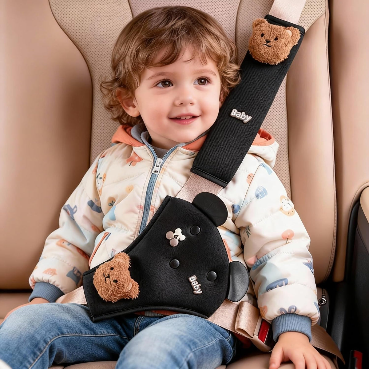 Cute Bear Seat Belt Cover Pads for Kids – Soft Mesh Seatbelt Cushion, Shoulder & Belly Protector, 2-Piece Set