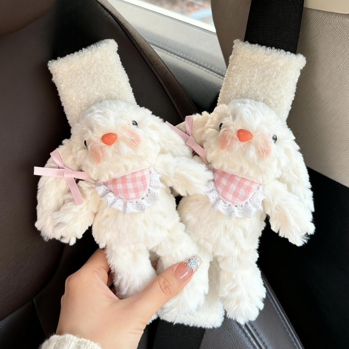 2 PCS Seat Belt Cover Pad, Cute Kawaii Animal Bunny Seatbelt Covers for Kids and Adults, Winter Plush Fluffy Soft Seat Belt Cover, Cartoon Seatbelt Cushion,Car Seat Strap Pads (D-Bunny)