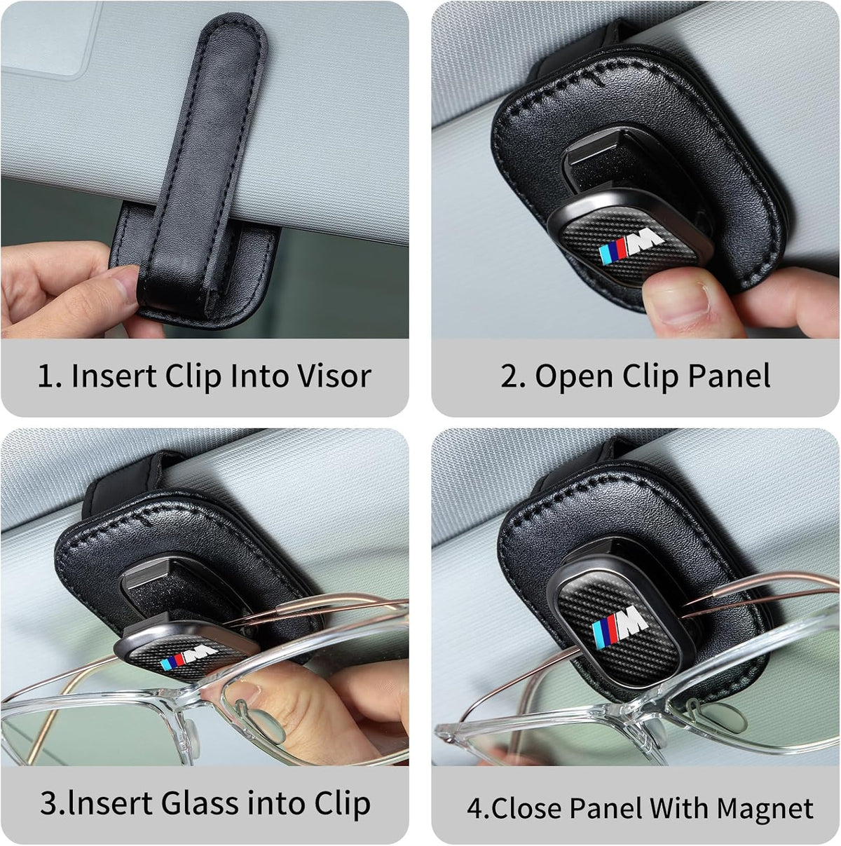 Sunglasses Holder, Leather Glasses Holders Compatible with BMW m Series Car Sun Visor, Eyeglasses Hanger and Ticket Card Clip Eyeglasses Mount for Car, for Accessories, Black