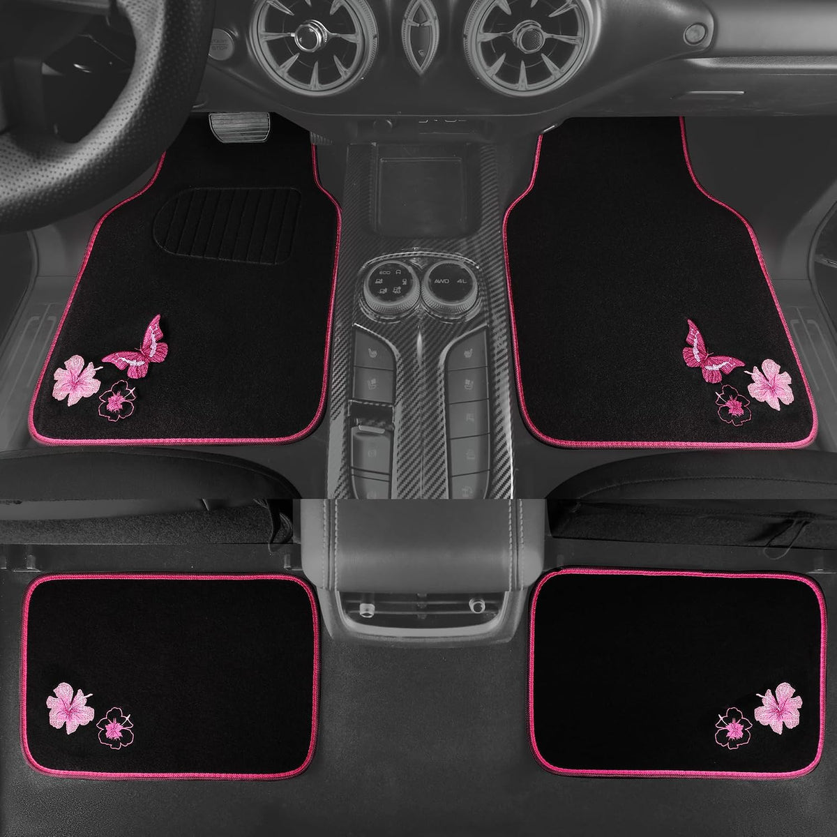 CAR PASS Embroidery Butterfly and Flower Car Floor Mats, Pink Car Floor Mats Universal Fit 95% Automotive,SUVS,Sedan,Vans,for Cute Women,Girly,Set of 4 (Black with Pink)