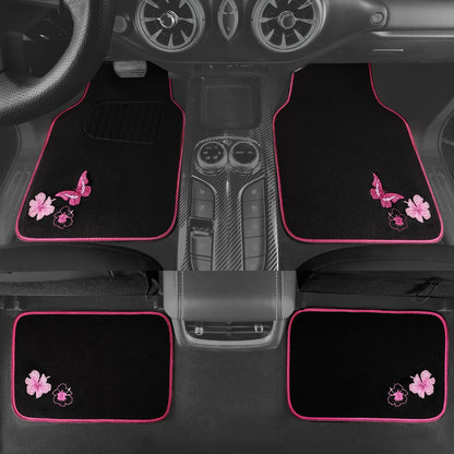 CAR PASS Embroidery Butterfly and Flower Car Floor Mats, Pink Car Floor Mats Universal Fit 95% Automotive,SUVS,Sedan,Vans,for Cute Women,Girly,Set of 4 (Black with Pink)