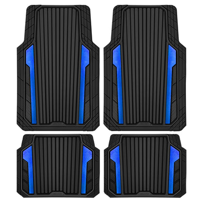 CAR PASS Heavy Duty Rubber Car Mats Metallic,Aluminum Film All Weather Floor Mats Waterproof Universal Trim to Fit Automotive SUV Sedan Van 4 Piece Anodized Deep Dish Two-Tone Sporty Black Blue Chrome
