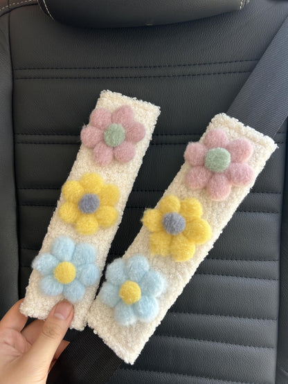 BNTR Car Seat Belt Cover 2 PCS Stocking Stuffers Cute Creative Flower Safety Seatbelt Shoulder Pad Auto Accessory Neck Cushion Protector Seatbelt Shoulder Protector Nice Gift (2-Pack Brown Flower)