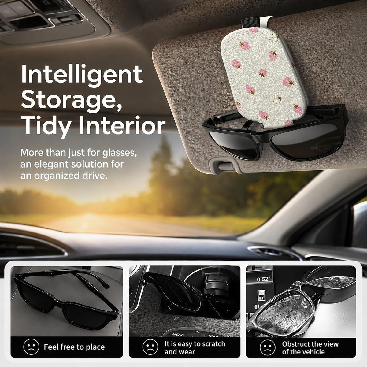 Sunglasses Holder for Car Visor, PU Leather Glasses Clip Organizer, Cute Magnetic Eyeglass Holder for Vehicle Sun Visor, Car Interior Accessory for Women & Men, Tiny Strawberries