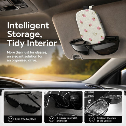 Sunglasses Holder for Car Visor, PU Leather Glasses Clip Organizer, Cute Magnetic Eyeglass Holder for Vehicle Sun Visor, Car Interior Accessory for Women & Men, Tiny Strawberries