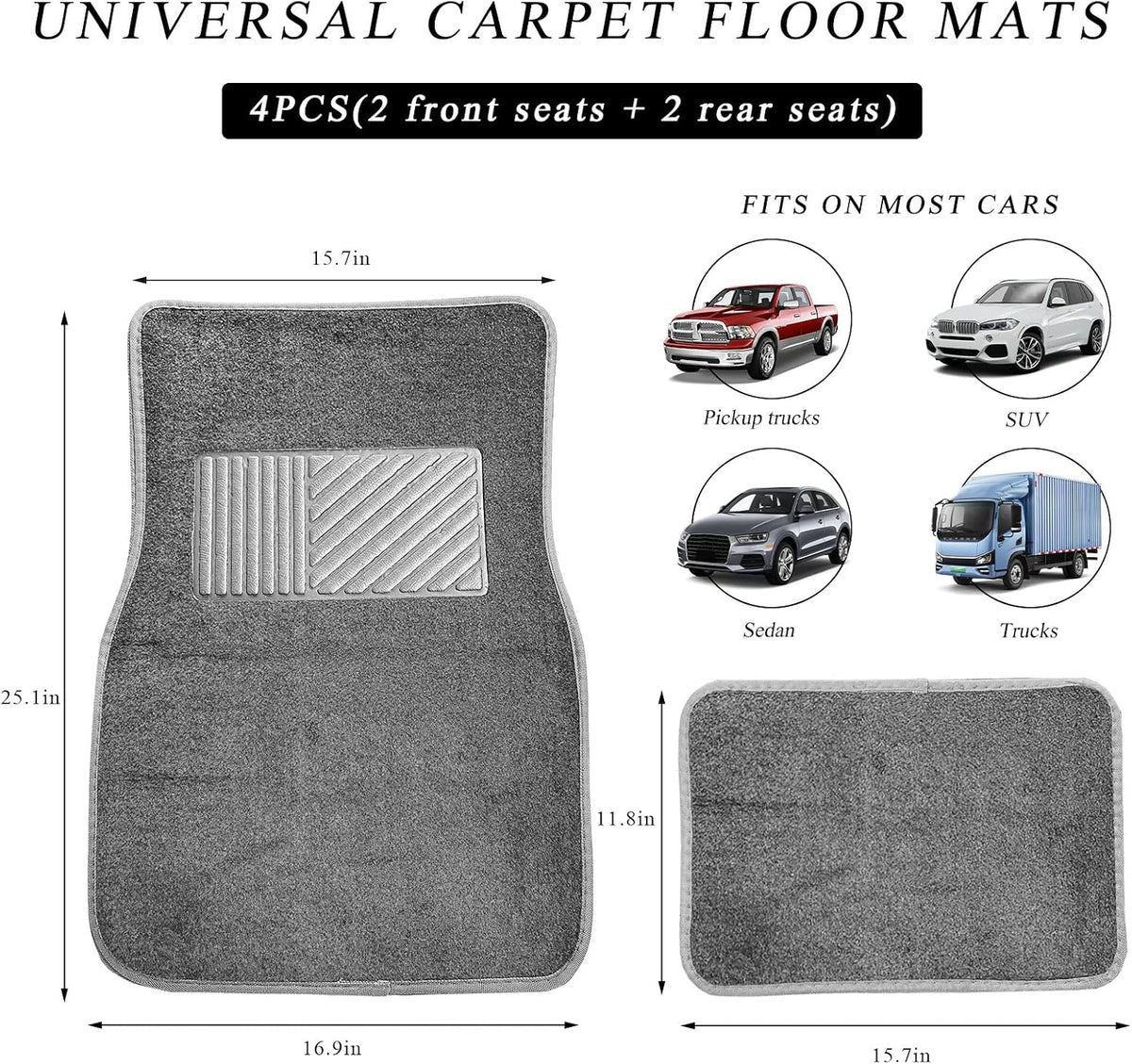 4PCS Car Floor Mats, Anti-Slip Waterproof Car Carpets with Safety Heel Pad, Heavy Duty Floor Mat for All Weather Protection, Universal Trim to Fit for Sedans Trucks SUVs (Gray)