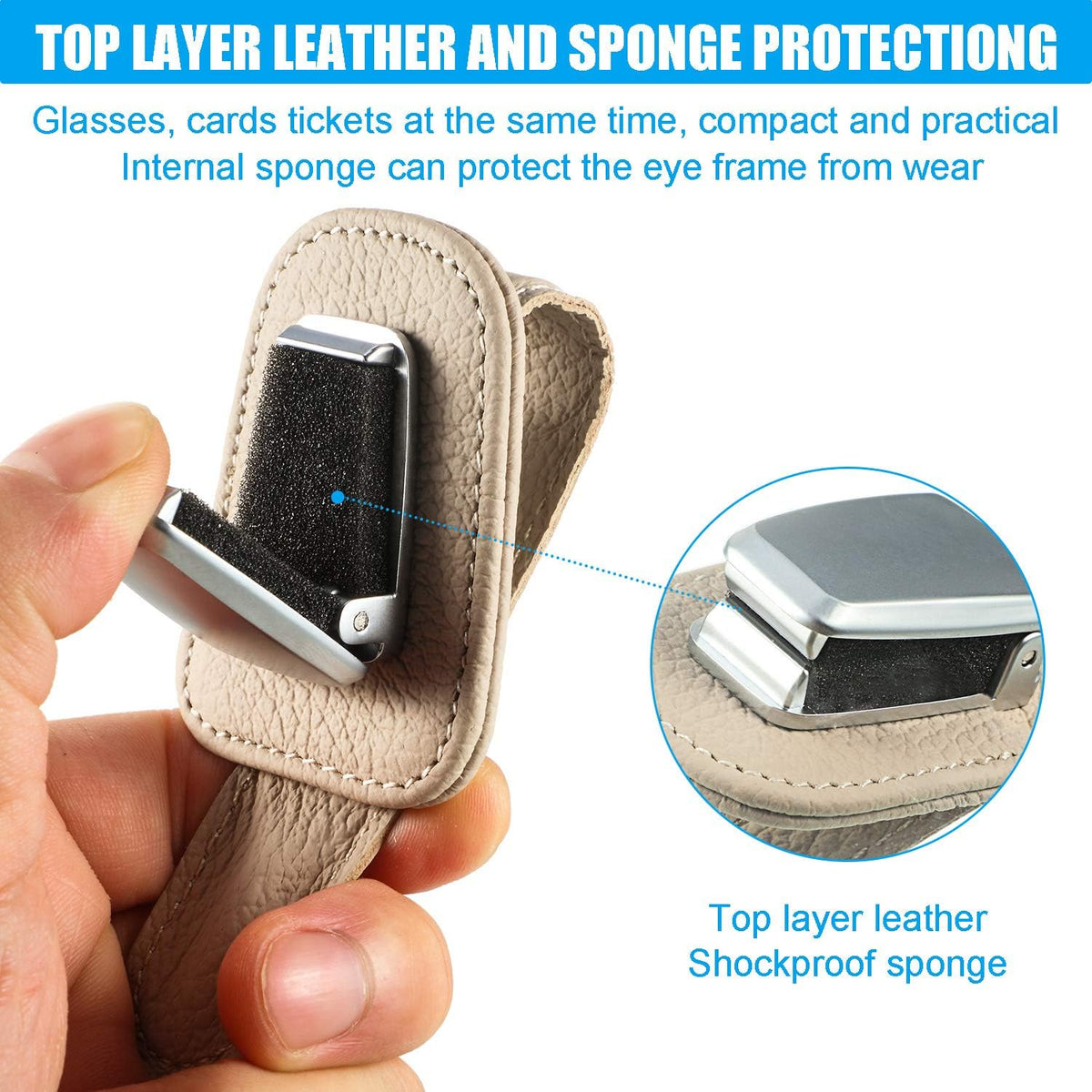 Mudder 2 Packs Sunglasses Holder for Car Universal Visor Sunglasses Holder Clip Leather Eyeglasses Hanger and Ticket Card Clip Eyeglasses Mount for Car(Beige)