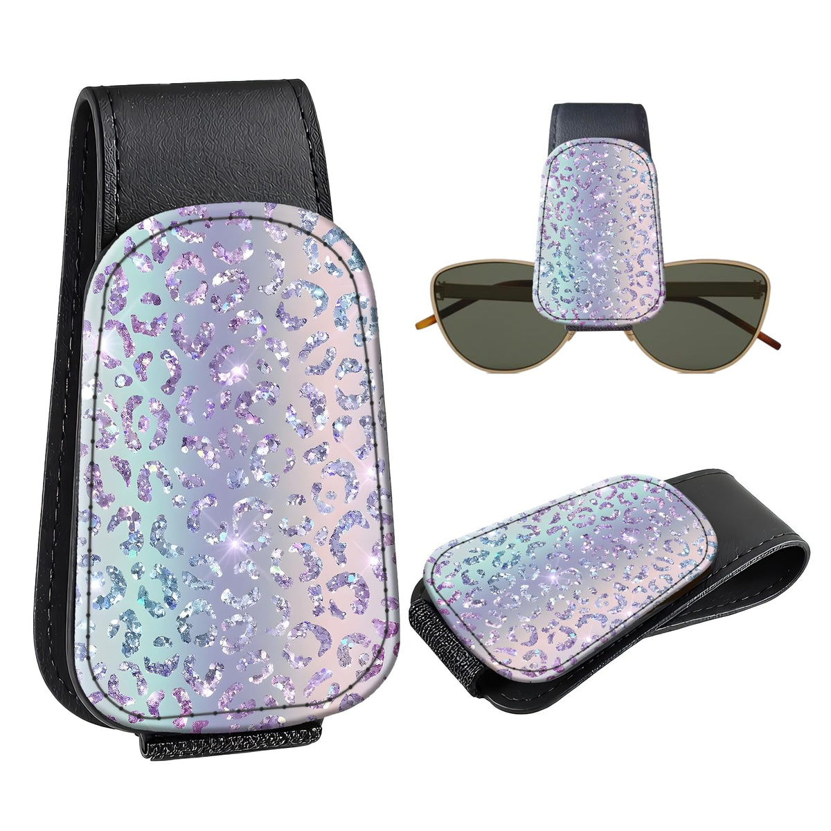Leather Magnetic Sunglass Holder for Car Sun Visor, Cute Eyeglass Ticket Card Hanger Clip, Universal Auto Interior Accessories for SUV Pickup Truck, Sun Moon