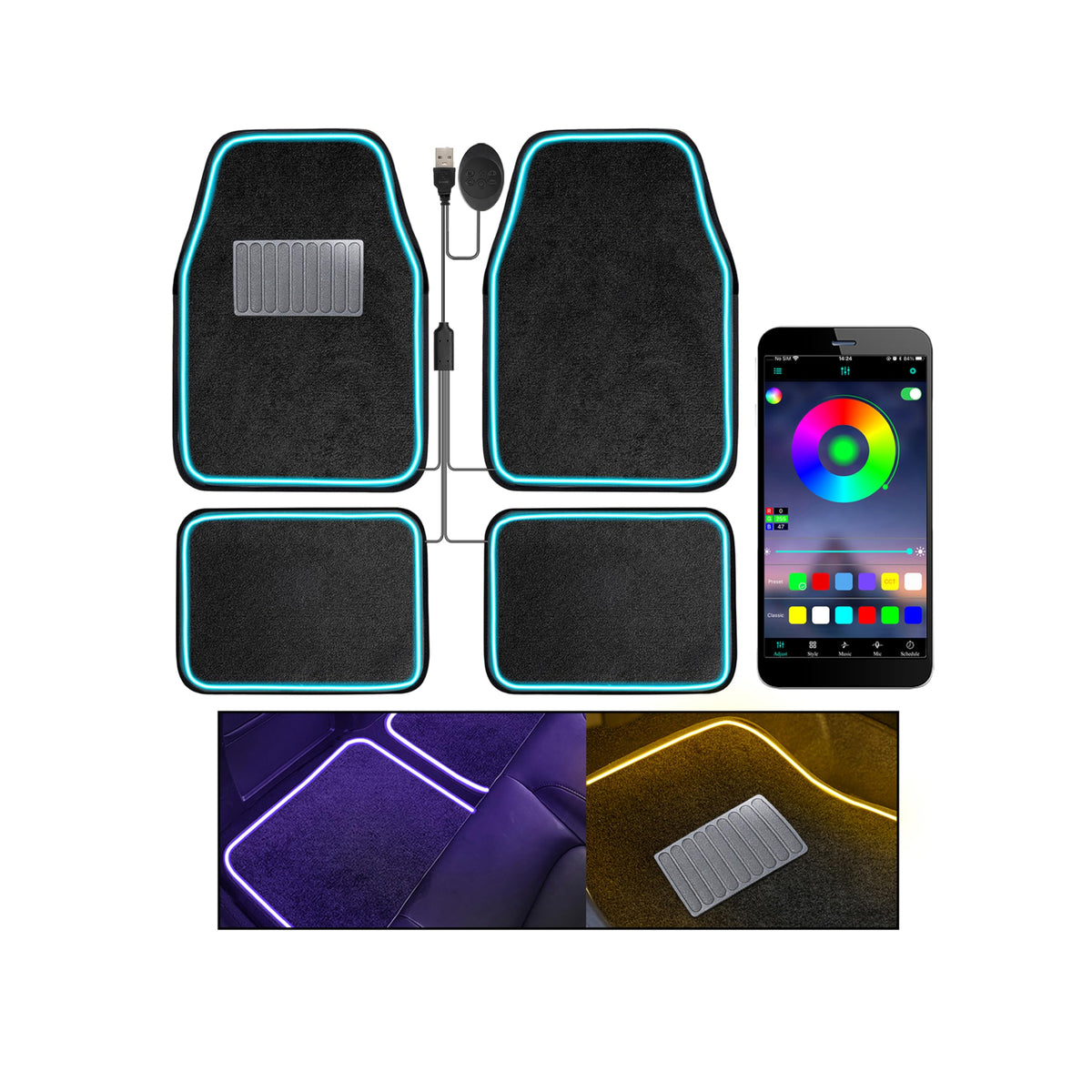 Soft Car Floor Mats With Led Strip Light, Universal Fit Black Automotive Carpet, App Control Interior Car Lights Floor Mats, Anti-Slip Waterproof RGB Car Decor Accessories For SUV, Trucks, Sedan,Jeeps