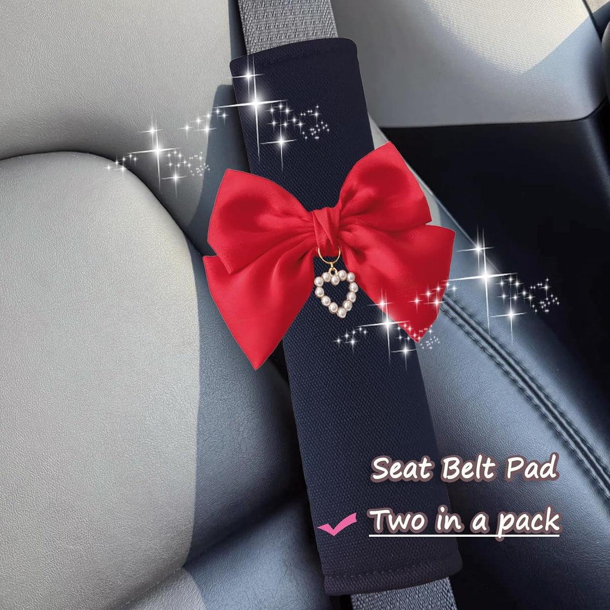 Fashion Big Bow Car Seat Belt Cover Shoulder Strap Pads (2 Pcs), Cute Car Accessories Seatbelt Covers Protector Universal (Red Bow Black Cover)