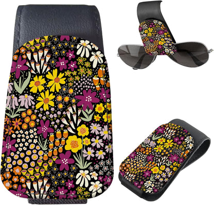 LKKDPS Sunglasses Holder for Car Visor, PU Leather Glasses Clip Organizer, Cute Magnetic Eyeglass Holder for Vehicle Sun Visor, Car Interior Accessory for Women & Men Wildflower Doodle Garden
