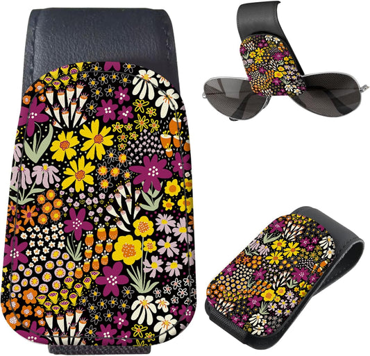 LKKDPS Sunglasses Holder for Car Visor, PU Leather Glasses Clip Organizer, Cute Magnetic Eyeglass Holder for Vehicle Sun Visor, Car Interior Accessory for Women & Men Wildflower Doodle Garden