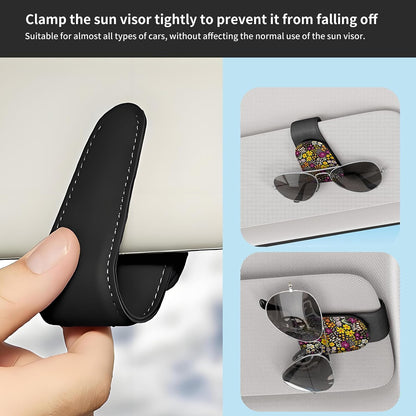 LKKDPS Sunglasses Holder for Car Visor, PU Leather Glasses Clip Organizer, Cute Magnetic Eyeglass Holder for Vehicle Sun Visor, Car Interior Accessory for Women & Men Wildflower Doodle Garden