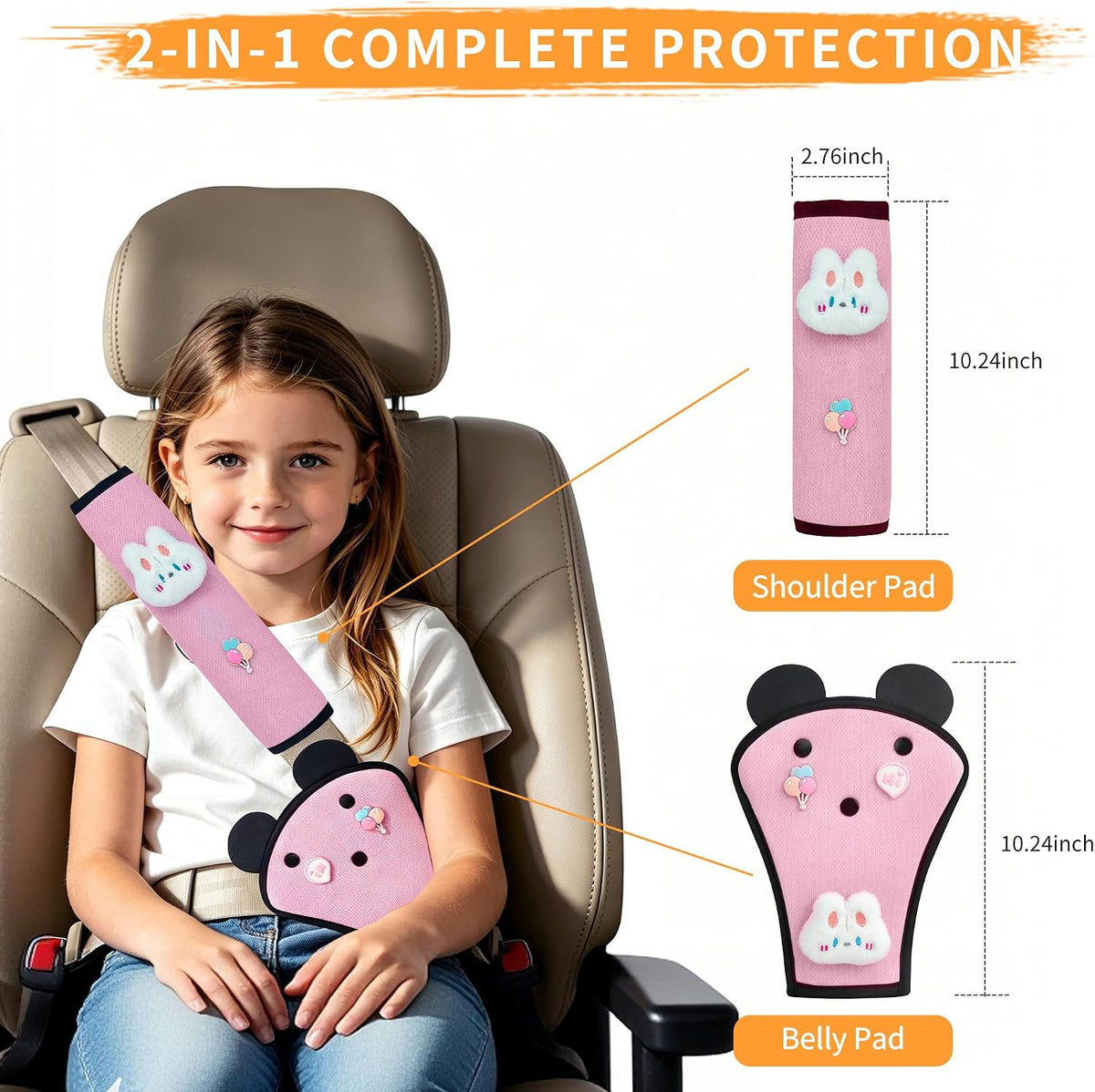 Cute Bunny Seat Belt Cover Pads for Kids – Soft Mesh Seatbelt Cushion, Shoulder & Belly Protector, 2-Piece Set