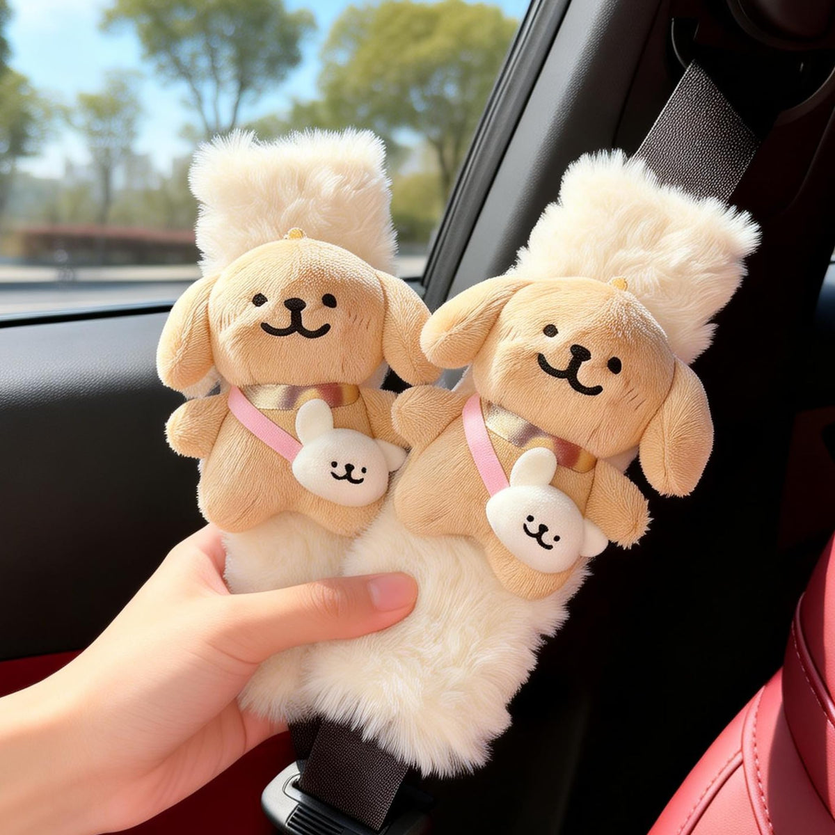 2 PCS Seat Belt Cover Pad, Cute Kawaii Animal Dog Soft Seatbelt Covers for Kids, Womens Seatbelt Cushion, Car Seat Strap Pads (White+Khaki)