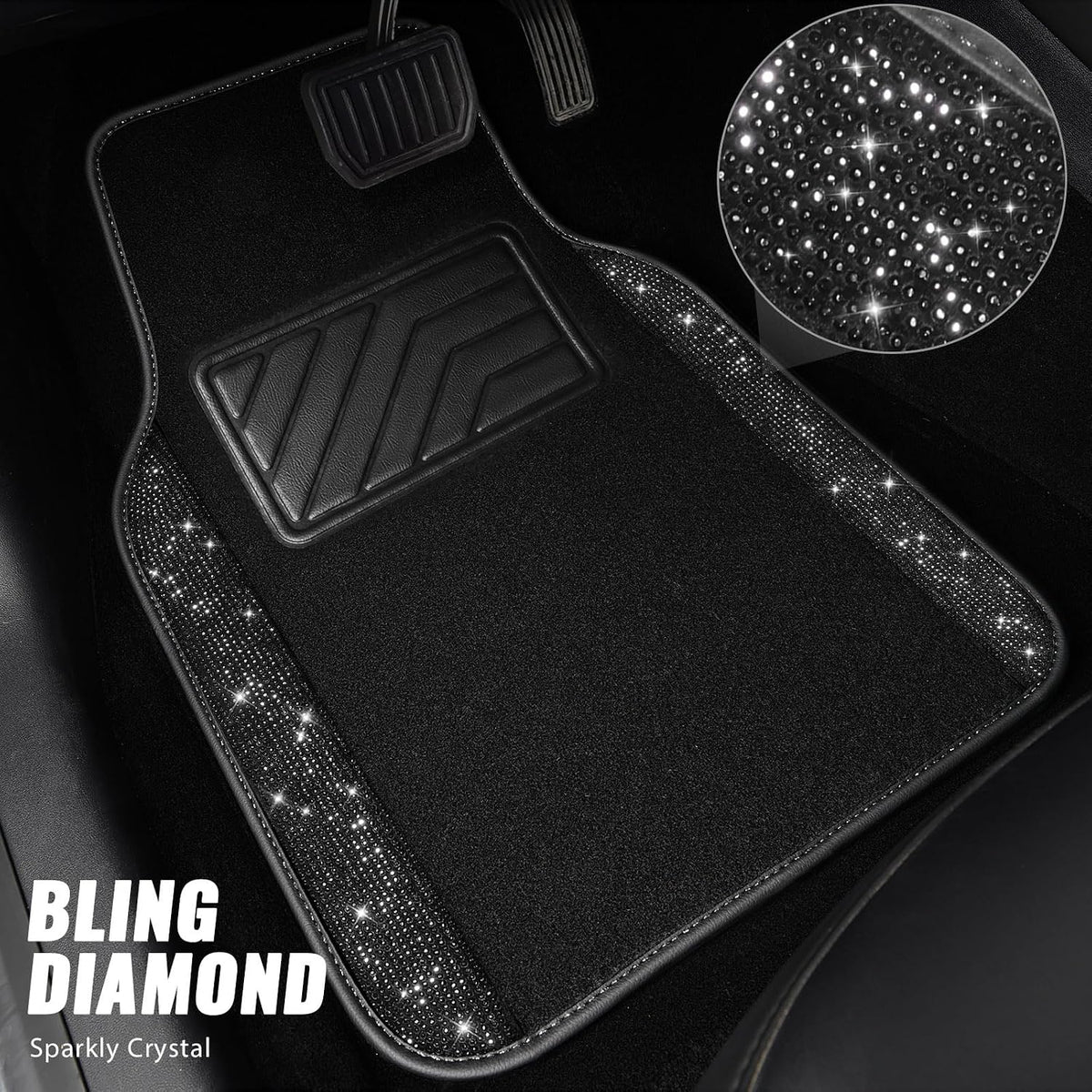 CAR PASS Bling Diamond Car Floor Mats, Sparkling Crystal Shining Glitter Rhinestone Carpet, Anti-Slip PVC Heel Pad Waterproof Universal for Automotive SUV,Sedan,Van,4pcs Girl Women Men Black Diamond