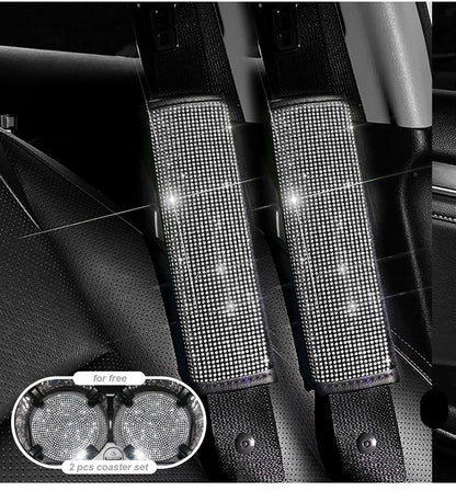 2PCS Bling Car Seatbelt Strap Covers for Women Girls - Crystal Rhinestone Velvet Shoulder Pad Protector - Diamond Shine Safety Shoulder Pad, Car Decor Interior Accessories