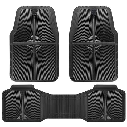 CAR PASS Rubber Floor Mats, All Weather Waterproof Trim-to-Fit Automotive Mats for Cars Trucks SUV, Anti-Slip Easy Clean, Heavy Duty Full Set 3-Piece, All Black