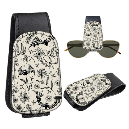 Leather Magnetic Sunglass Holder for Car Sun Visor, Cute Eyeglass Ticket Card Hanger Clip, Universal Auto Interior Accessories for SUV Pickup Truck, Sun Moon