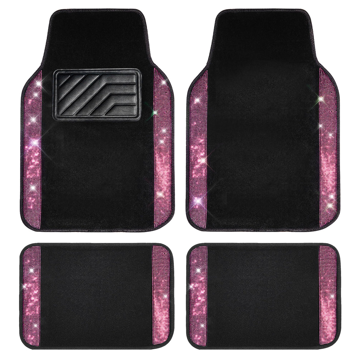 CAR PASS Bling Diamond Car Floor Mats, Sparkling Crystal Shining Glitter Rhinestone Carpet, Anti-Slip PVC Heel Pad Waterproof Universal for Automotive SUV,Sedan,Van,4pcs Girl Women Men Black Diamond