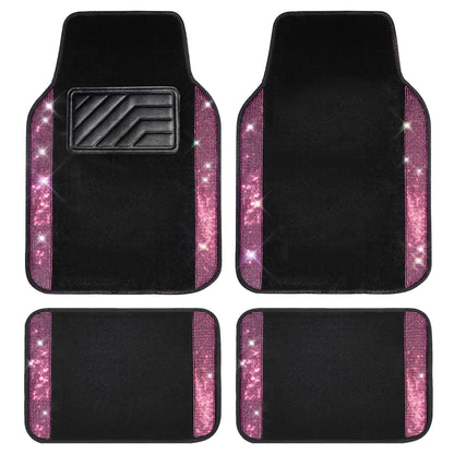 CAR PASS Bling Diamond Car Floor Mats, Sparkling Crystal Shining Glitter Rhinestone Carpet, Anti-Slip PVC Heel Pad Waterproof Universal for Automotive SUV,Sedan,Van,4pcs Girl Women Men Black Diamond